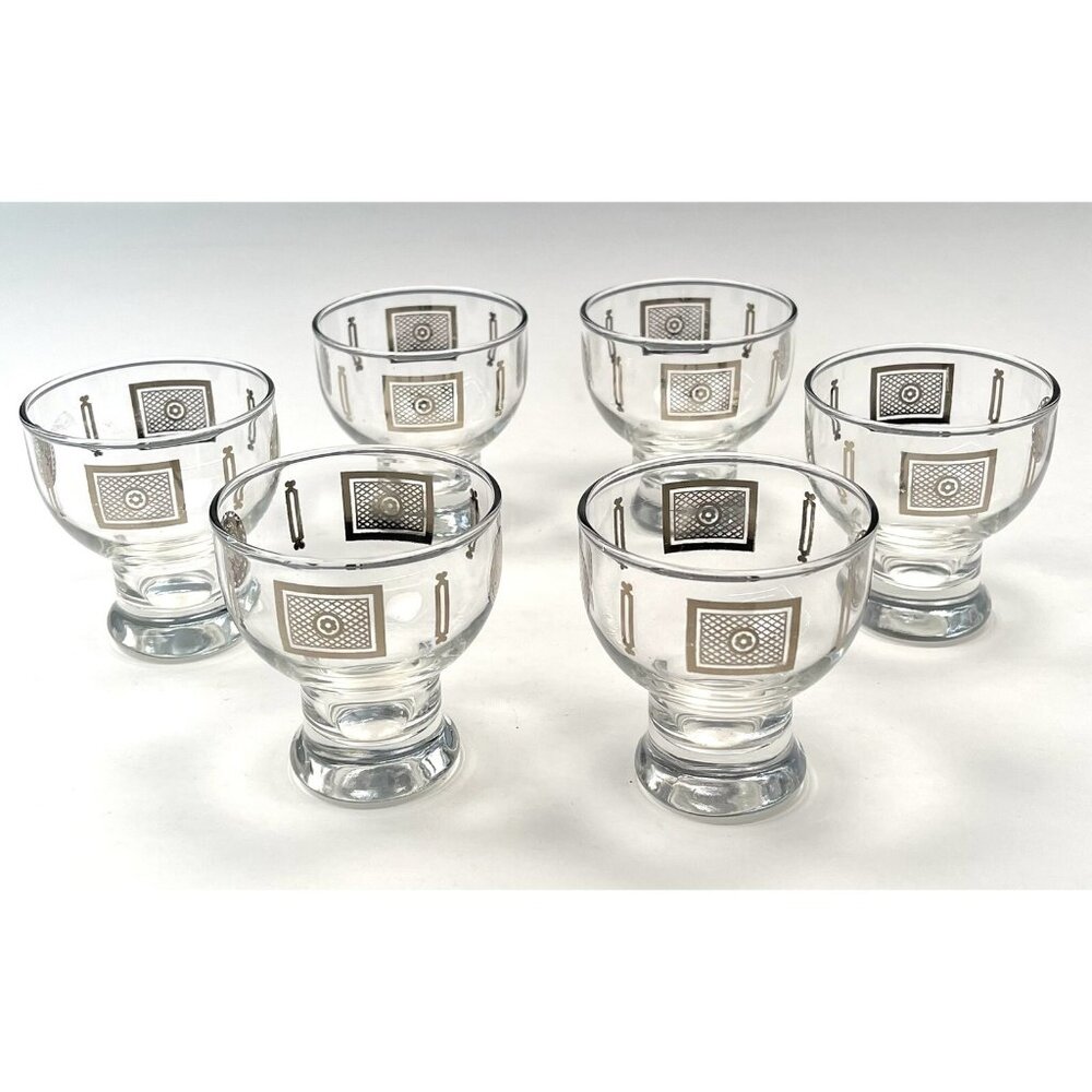 VTG MCM 1960s Set 6 Clear Cocktail Double Shot CORDIAL GLASSES Silver Pattern